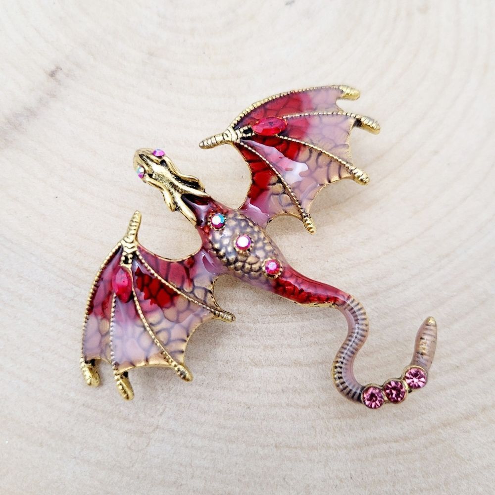 Brand New Gold Tone Red Flying Dragon Rhinestone Brooch Pin